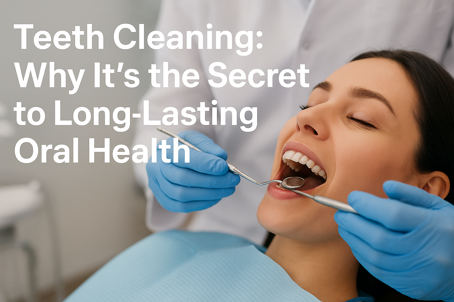 Dentist performing professional teeth cleaning procedure on a smiling patient – teeth cleaning for long-lasting oral health.