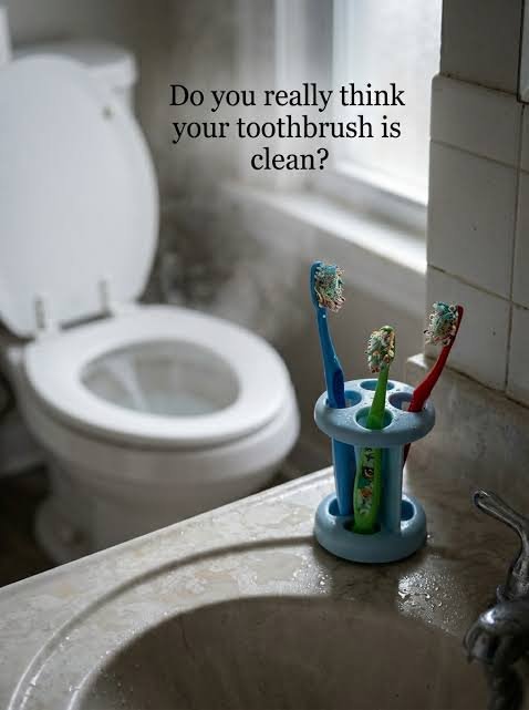 Toothbrush stored near bathroom sink showing bacterial contamination risk